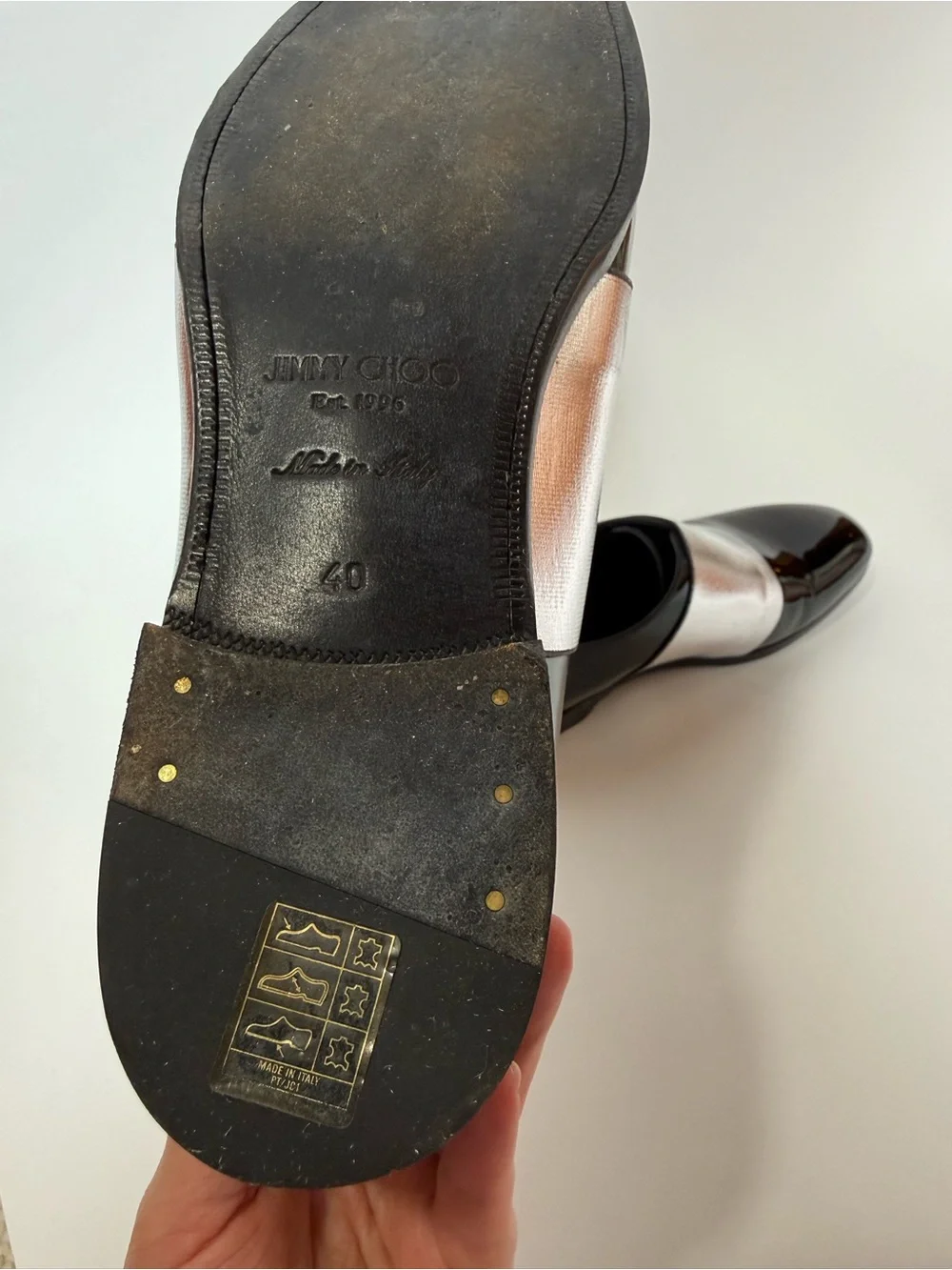 Jimmy Choo Black and Silver Patent Leather Slip-On Oxfords size 40